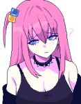  1girl ? bare_shoulders black_choker black_tank_top blue_eyes bocchi_the_rock! breasts choker cleavage closed_mouth cube_hair_ornament gotoh_hitori hair_between_eyes hair_ornament hashtag-only_commentary highres large_breasts long_hair looking_at_viewer one_side_up pink_hair pixel_art pixelcadete raised_inner_eyebrows simple_background small_sweatdrop solo spiked_choker spikes tank_top upper_body white_background 