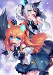  2girls :3 :d adversarial_noise animal_ear_fluff animal_ears aqua_eyes bare_shoulders black_bow black_bowtie black_gloves black_ribbon black_skirt black_streaks blood blood_on_face blood_on_hands blue_eyes blunt_bangs blunt_ends blush bow bowtie center_frills closed_mouth commentary_request commission company_connection cosplay cowboy_shot crossover dango double_fox_shadow_puppet extra_ears eyes_visible_through_hair food food_in_mouth fox_ears fox_girl fox_shadow_puppet fox_tail frilled_shirt frilled_skirt frills gloves hair_between_eyes hair_ribbon half_gloves hand_up heaven_burns_red kanon key_(company) long_hair long_sleeves looking_at_viewer medium_hair multicolored_hair multiple_girls off-shoulder_shirt off_shoulder official_alternate_costume open_mouth pleated_skirt red_ribbon ribbon sawatari_makoto second-party_source shirt sidelocks simple_background skeb_commission skirt smile streaked_hair sugawara_chie sugawara_chie_(cosplay) tail teeth tongue tongue_out twintails two_side_up upper_teeth_only v-shaped_eyebrows wagashi white_shirt wide_sleeves zen_(kamuro) 