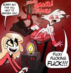 angel_dust animal_humanoid anthro apology arachnid arachnid_humanoid arkham-insanity arthropod arthropod_humanoid bdsm black_clothing black_topwear bondage bound butt butt_slap charlie_morningstar clothed clothed_female clothing demon demon_humanoid dialogue digital_media_(artwork) duo english_text female happy hazbin_hotel hellaverse humanoid humor looking_at_another machine male nude nude_female open_mouth open_smile paddle paddling profanity red_clothing red_topwear reddened_butt reformation restrained restrained_arms slap smile spank_marks spank_marks_on_ass spanked_butt spanking spanking_machine spanking_paddle speech_bubble spider spider_humanoid submissive submissive_male teeth text topwear white_arms white_body white_legs yelling