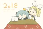  2018 2girls :d akeome aqua_hair arm_rest arm_up arms_on_table bad_id bad_tumblr_id bare_shoulders black_sailor_collar blonde_hair bow calendar_(object) chibi chibi_only closed_eyes detached_sleeves food food_on_head fruit fruit_on_head hair_bow hair_ornament hairband hairclip happy_new_year hatsune_miku head_rest kagamine_rin kotatsu large_bow long_sleeves mandarin_orange multiple_girls neckerchief nengajou new_year no_nose nose_bubble object_on_head parallel_hairclips sailor_collar short_hair signature sleeves_past_wrists smile table torla16 twintails under_kotatsu under_table vocaloid white_bow white_hairband wide_sleeves yellow_neckerchief |_| 