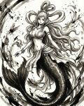  1girl armlet bracelet brushbox2022 closed_mouth commentary_request crown eyelashes hagoromo highres jewelry long_hair looking_at_viewer mermaid midriff monster_girl navel one_piece shawl shirahoshi sidelocks smile solo splatter 