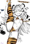  1girl animal_ear_fluff animal_ears animal_print bikini breasts cum cumdrip english_text flying_sweatdrops green_eyes grin highres ju_fufu kunitoro_(artist) long_hair print_bikini print_thighhighs small_breasts smile solo split standing standing_on_one_leg standing_split swimsuit tail thighhighs tiger_ears tiger_print tiger_tail zenless_zone_zero 