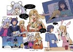  3girls absurdres animal_ears apron blonde_hair blue_shirt blush cho_kaguya-hime! closed_eyes closed_mouth coffee_mug commentary cuddling cup english_commentary english_text fox_ears hair_rings highres holding holding_cup japanese_clothes kaguya_(cho_kaguya-hime!) kimono long_hair mole mole_under_eye mug multiple_girls omnlet open_mouth orange_eyes pink_apron ponytail purple_hair purple_kimono rabbit_ears red_kimono runami_yachiyo sakayori_iroha shirt smile speech_bubble stuffed_animal stuffed_dog stuffed_toy thought_bubble twintails under_covers white_shirt yuri 