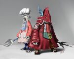  1girl 1other apron barefoot bib bow chef_hat cosplay costume_switch final_fantasy final_fantasy_ix fork freya_crescent freya_crescent_(cosplay) full_body furry furry_female grey_background hat holding holding_fork holding_polearm holding_weapon jacket long_tongue mouse_girl oversized_fork polearm quina_quen quina_quen_(cosplay) shoes signature simple_background the_juicebars tongue tongue_out weapon 