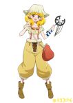  1girl absurdres bag blonde_hair boots brown_boots brown_eyes capri_pants carrying commentary commission company_connection cosplay cropped_shirt hat highres holding_slingshot kagami_chihiro kise_yayoi looking_at_viewer medium_hair one_piece open_mouth pants pixiv_commission precure satchel shirt short_sleeves simple_background single_bracer smile smile_precure! solo standing suspender_pants twitter_username usopp usopp_(cosplay) v white_background white_hat yellow_pants yellow_shirt 