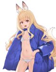 1girl animal_ear_fluff animal_ears aningay bikini blonde_hair blue_coat breasts coat commentary_request copyright_request fox_ears fox_tail highres korean_commentary legs_apart long_hair long_sleeves looking_at_viewer navel open_clothes open_coat open_mouth outline red_eyes small_breasts solo stomach swimsuit tail teeth transparent_background upper_teeth_only very_long_hair white_bikini 