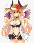  1girl bare_shoulders bikini black_bikini black_choker black_horns blonde_hair breasts choker cleavage commentary_request cowboy_shot dark_angel_olivia feathered_wings flower granblue_fantasy hair_ornament hat hat_flower highres horns jacket layered_bikini long_hair medium_breasts mini_wings multicolored_bikini open_clothes open_jacket pendant_choker purple_wings red_eyes red_flower simple_background sleeveless sleeveless_jacket solo straw_hat sun_hat swimsuit white_bikini white_jacket wings yakota_(usuk-yako) 