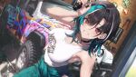  1girl :d aqua_hair bare_arms black_choker black_hair braid braided_bangs breasts bright_pupils car choker colored_inner_hair commentary_request copyright_name day earrings fukai_ryosuke grin hand_up holding hololive hololive_dev_is indoors jewelry large_breasts looking_at_viewer medium_hair motor_vehicle multicolored_hair official_art purple_streaks red_eyes rindo_chihaya smile solo sports_utility_vehicle streaked_hair tank_top virtual_youtuber white_pupils white_streaks white_tank_top workshop 