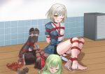  2girls bang_dream! bang_dream!_it's_mygo!!!!! bdsm black_choker black_pantyhose black_shorts blush bondage bound breasts chinese_commentary choker closed_eyes commentary_request full_body green_hair highres hitachi_magic_wand kaname_raana long_hair lying medium_breasts mortis_(bang_dream!) mortis_(costume)_(bang_dream!) multiple_girls no_shoes one_eye_closed open_mouth pantyhose red_shoes remote_control_vibrator sex_toy shibari shibari_over_clothes shirt shoes short_hair shorts sidelocks single_thighhigh sitting socks thighhighs unworn_shoes unworn_socks vibrator vibrator_on_soles wakaba_mutsumi white_hair white_shirt wuming_fanzhou yellow_eyes 