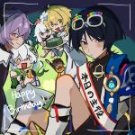  3boys 3girls anemo_symbol_(genshin_impact) arm_up armlet black_bodysuit black_coat black_eyes black_hair black_scarf black_shorts blonde_hair blue_cape blue_gem blue_trim blunt_ends blush_stickers bodysuit bright_pupils brown_hair cape choppy_bangs closed_eyes closed_mouth coat colored_eyelashes colored_tips confetti detached_sleeves diamond-shaped_pupils diamond_(shape) dress durin_(genshin_impact) eyeliner eyewear_on_head facing_another feathers gem genshin_impact gold gold_trim green_hair grey_eyes grey_hair hair_between_eyes halo halterneck happy_birthday highres japanese_clothes jewelry kimono kurokun1025 leg_warmers long_hair looking_at_viewer lumine_(genshin_impact) makeup mandarin_collar multicolored_hair multiple_boys multiple_girls nahida_(genshin_impact) open_clothes open_kimono open_mouth paimon_(genshin_impact) pants party_popper pink_halo pom_pom_(clothes) purple_hair red_eyeliner red_eyes romper scaramouche_(genshin_impact) scarf sethos_(genshin_impact) short_hair short_hair_with_long_locks shorts shoulder_peek side_ponytail sidelocks sitting smile sweatdrop symbol-shaped_pupils tareme triangle_mouth vambraces viewfinder wanderer_(genshin_impact) white_dress white_hair white_kimono white_leg_warmers white_pants white_pupils white_romper white_scarf white_sleeves white_trim yellow_eyes yellow_feathers yellow_scarf 