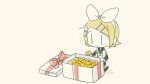  1girl bad_id bad_tumblr_id black_sailor_collar blonde_hair bow box chibi chibi_only detached_sleeves food fruit gift gift_box hair_bow hair_ornament hairband hairclip hand_up holding holding_food holding_fruit kagamine_rin kneeling large_bow long_sleeves mandarin_orange neckerchief negative_space parallel_hairclips parted_lips red_bow red_ribbon ribbon sailor_collar shadow short_hair simple_background solo torla16 vocaloid white_bow white_hairband wide_sleeves yellow_neckerchief |_| 