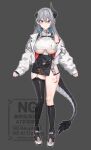  1girl absurdres aningay asymmetrical_horns asymmetrical_legwear black_shoes black_skirt black_socks black_thighhighs blue_eyes breasts chest_belt closed_mouth clothing_cutout commentary_request full_body green_eyes grey_background grey_hair heterochromia highres horns huge_breasts indie_virtual_youtuber jacket kneehighs korean_commentary kumir_(vtuber) leg_tattoo long_hair long_sleeves off_shoulder shoes simple_background skirt smile socks solo standing sweater tail tattoo thighhighs underboob underboob_cutout virtual_youtuber white_jacket white_sweater 