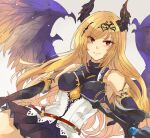  1girl bare_shoulders black_gloves black_horns black_shirt black_skirt blonde_hair boobplate breasts commentary_request dark_angel_olivia elbow_gloves feathered_wings gloves granblue_fantasy hair_ornament highres horns long_hair medium_breasts multicolored_wings pleated_skirt purple_wings red_eyes shirt simple_background skirt sleeveless sleeveless_shirt solo wings yakota_(usuk-yako) yellow_wings 