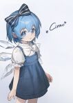  1girl absurdres alternate_costume blue_bow blue_dress blue_eyes blue_hair bow bowtie character_name cirno closed_mouth commentary_request detached_wings dress hair_bow highres ice ice_wings looking_at_viewer puffy_short_sleeves puffy_sleeves shirt short_hair short_sleeves siyumu smile solo touhou white_bow white_bowtie white_shirt wings 