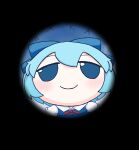  1girl blue_eyes blue_hair blush bow cirno closed_mouth commentary dounaga_nuko english_commentary fisheye fumo_(doll) hair_bow highres short_hair smile solo touhou 