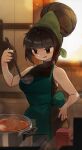  1girl alt_text apron big_hair black_dress black_eyes black_nails blunt_bangs breasts commentary commission cooking cooking_pot dress english_commentary food green_apron hair_bun hair_ornament hairpin hand_on_own_hip highres holding holding_ladle ladle licking_lips making-of_available medium_breasts original single_hair_bun sleeveless sleeveless_dress solo soup tongue tongue_out turtleneck turtleneck_dress updo zanamaoria 