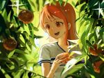  1girl brown_eyes commentary_request food fruit highres holding holding_food holding_fruit korean_commentary light_blush looking_to_the_side mandarin_orange nami_(one_piece) one_piece open_mouth orange_hair orange_tree shirt short_hair short_sleeves single_sidelock solo sparkle upper_body v-neck vwvwwvvvww white_shirt 