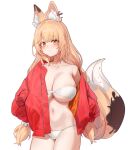  1girl animal_ears aningay bikini blonde_hair breasts cleavage closed_mouth commentary_request copyright_request highres huge_breasts jacket korean_commentary legs_together long_hair looking_at_viewer navel off_shoulder open_clothes open_jacket orange_eyes outline pout red_jacket solo stomach swimsuit tail transparent_background unzipped very_long_hair white_bikini 