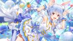  1girl absurdres animal_ears armpits arms_up balloon blue_bow blue_bowtie blue_hair blue_thighhighs boots bow bowtie braid breasts carrot_hair_ornament commentary_request concert confetti corset detached_sleeves dress extra_ears food-themed_hair_ornament gold_trim hair_ornament headset high_heel_boots high_heels highres hikimayu hololive hololive_dreams layered_dress long_hair looking_at_viewer multicolored_hair official_art open_mouth puffy_detached_sleeves puffy_short_sleeves puffy_sleeves rabbit-shaped_pupils rabbit_ears rabbit_girl rabbit_pose red_eyes short_eyebrows short_sleeves sidelocks small_breasts solo star_(symbol) star_hair_ornament symbol-shaped_pupils teeth thick_eyebrows thighhighs twin_braids two-tone_hair upper_teeth_only usada_pekora virtual_youtuber white_boots white_dress white_hair 