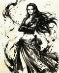  1girl brushbox2022 commentary crossed_arms eyelashes floating_hair greyscale hat high_collar highres long_hair looking_at_viewer midriff mixed-language_commentary monochrome navel nico_robin one_piece sarong simple_background solo splatter 