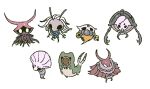  2girls 5boys armor arthropod_boy arthropod_girl arthropod_limbs bead_necklace beads blank_eyes blood blood_from_eyes bracelet brown_cape cape cloak colored_skin commentary_request cracked_mask elder_hu_(hollow_knight) extra_arms facial_mark facing_to_the_side fake_horns forehead_mark galien_(hollow_knight) gorb_(hollow_knight) green_skin grey_armor grey_fur grey_skin helmet highres hollow_eyes hollow_knight horned_helmet horns jewelry korean_commentary looking_at_viewer looking_to_the_side markoth_(hollow_knight) marmu_(hollow_knight) mask medium_hair multiple_boys multiple_girls necklace no_eyes_(hollow_knight) p_0p red_armor red_cloak red_helmet red_horns red_skin shoulder_armor simple_background tail white_background white_hair white_mask worm xero_(hollow_knight) yellow_cloak 