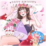  1girl 3boys antlers black_hair blue_dress blue_nose blunt_bangs blush bouquet commentary_request cross dated dress eyelashes falling_petals flower_wreath giant happy_birthday hat highres holding holding_bouquet hood horns jaguar_d._saul koinako_mi long_hair monkey_d._luffy multiple_boys nico_robin one_piece open_mouth out_of_frame petals pink_hat pink_nails reindeer_antlers sitting smile tony_tony_chopper twitter_username 