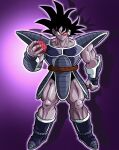  1boy absurdres armor big_hair black_eyes black_hair boots breastplate collarbone commentary_request dragon_ball dragon_ball_z dragon_ball_z:_the_tree_of_might evil_grin evil_smile food fruit full_body grin highres holding holding_food holding_fruit knees monkey_tail muscular muscular_male outline partial_commentary purple_background saiyan_armor scouter shadow smile solo spiked_hair tail tail_belt tullece vambraces white_outline yumegiwa-lastboy0112 