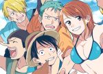  1girl 4boys anger_vein bangle bikini bikini_top_only black_hair blonde_hair blue_bikini blue_shirt blue_sky bracelet breasts chatubo cigarette cleavage closed_eyes cloud cloudy_sky commentary_request green_hair grin hat highres jewelry long_nose looking_at_viewer monkey_d._luffy multiple_boys nami_(one_piece) one_piece open_mouth orange_hair orange_shirt roronoa_zoro sanji_(one_piece) scar scar_on_cheek scar_on_face shirt short_hair shoulder_tattoo sky smile stomach straw_hat straw_hat_pirates sweatdrop swimsuit tattoo upper_body usopp 