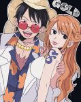  1boy 1girl bare_shoulders bead_necklace beads black_background black_eyes black_hair breasts chatubo commentary_request dress floral_print floral_print_shirt from_side hand_on_another's_back hat highres jacket jewelry large_breasts long_hair looking_at_viewer monkey_d._luffy nami_(one_piece) necklace official_alternate_costume official_alternate_hairstyle one_piece one_piece_film:_gold open_clothes open_jacket open_mouth orange_hair print_shirt red-tinted_eyewear scar scar_on_cheek scar_on_face shirt shoulder_tattoo straight-on straw_hat sunglasses tattoo tinted_eyewear tongue tongue_out upper_body wavy_hair white_dress white_jacket wing_collar 
