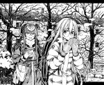  2girls aeria_(eudetenis) ahoge bag baguette bread breath coat cold commentary crescent crescent_hair_ornament cup disposable_coffee_cup disposable_cup duffel_coat elf english_commentary eudetenis food glasses gloves greyscale hair_ornament handbag highres irisha_(eudetenis) long_hair monochrome multiple_girls original park pointy_ears rimless_eyewear round_eyewear shopping_bag slice_of_life trench_coat winter 