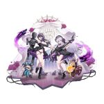  2girls ahoge ascot ball ballroom bandaged_head bandages bare_legs black_boots black_bow black_collar black_dress black_hair black_hairband black_leg_warmers black_shorts blue_eyes blush boots bow breasts brown_boots cameltoe chandelier cleavage cleavage_cutout closed_eyes clothing_cutout clown_makeup clown_nose collar crinoline detached_sleeves dress electric_guitar fangs flower frilled_collar frilled_dress frilled_hairband frilled_sleeves frilled_socks frills full_body gloves gothic_lolita guitar hair_between_eyes hairband hat heart hela_(last_origin) helm helmet high-low_dress high_heel_boots high_heels highres holding holding_ball holding_guitar holding_instrument huge_breasts instrument jester jester_cap knife_in_mouth lace-trimmed_shorts lace_thigh_strap lace_trim last_origin leg_up leg_warmers lolita_fashion long_hair looking_at_viewer mel_(dodosae) messy_hair microskirt mouse_(animal) multiple_girls non-web_source official_alternate_costume official_art open_mouth ponytail pubic_tattoo purple_ascot purple_eyes purple_flower purple_rose purple_skirt raccoon red_flower red_rose red_scarf robot rose scarf shorts sidelocks skirt small_breasts smile socks soulworker standing standing_on_one_leg stella_unibell tachi-e tattoo thorns transparent_background underbust very_long_hair white_gloves white_hair white_socks window 