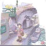  1girl arch bag black_eyes black_hair blunt_bangs blush boat breath bridge brown_bag brown_mittens brown_shoes buoy canal clipboard closed_mouth coat commentary_request day dot_mouth fur-trimmed_coat fur_trim hat holding holding_clipboard lamppost long_sleeves mittens oekaki original outdoors paint_chat_(medium) pants path railing red_coat rope rowboat scenery shoes short_hair shoulder_bag sign solo stairs standing stone_wall town tree waka_(sagi) water watercraft white_hat wide_shot winter_clothes 