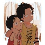  2boys aged_down alrunami arm_around_shoulder bandaid bandaid_on_face bandaid_on_forehead bare_shoulders bare_tree black_hair blush closed_mouth commentary freckles highres looking_up male_focus monkey_d._luffy multiple_boys one_piece open_mouth outdoors portgas_d._ace red_tank_top tank_top tree untranslatable_commentary upper_body yellow_tank_top 