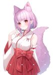  1girl animal_ears bow breasts chitetan closed_mouth commentary_request copyright_request detached_sleeves dotted_line fox_ears fox_girl fox_tail hakama hakama_short_skirt hakama_skirt hand_up heart japanese_clothes kimono long_sleeves looking_at_viewer medium_breasts pointy_ears purple_hair red_bow red_eyes red_hakama short_hair sideboob simple_background skirt sleeveless sleeveless_kimono smile solo tail virtual_youtuber watermark white_background white_kimono white_sleeves wide_sleeves 