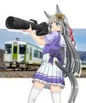  1girl :> absurdres animal_ears blue_eyes blunt_bangs blush camera chrono_genesis_(umamusume) closed_mouth commentary_request grey_hair hair_between_eyes hair_ornament highres horse_ears horse_girl horse_tail mugi_no_hito photo_background pleated_skirt school_uniform skirt solo standing tail tail_through_clothes tracen_school_uniform train umamusume 