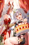  2girls bare_shoulders birthday_cake black_dress black_gloves breasts cake commentary_request dress fingerless_gloves food forehead_jewel fu_hua fu_hua_(fenghuang_of_vicissitude) gloves grey_hair hair_ornament herrscher_of_sentience highres holding holding_cake holding_food honkai_(series) honkai_impact_3rd long_hair multicolored_hair multiple_girls open_mouth ramao24 red_dress red_eyes red_hair sitting small_breasts smile thighs two-tone_hair very_long_hair white_hair 