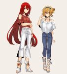  2girls alternate_costume blonde_hair blue_eyes blue_hairband blue_pants clothing_cutout collarbone commentary_request europa_(granblue_fantasy) flower full_body godsworn_alexiel granblue_fantasy hair_flower hair_ornament hairband hand_up highres long_hair multiple_girls off-shoulder_shirt off_shoulder pants red_hair red_shirt shirt shoes short_hair shoulder_cutout simple_background very_long_hair white_pants white_shirt white_shoes yakota_(usuk-yako) yellow_flower 