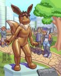 4:5 absurd_res anthro bench blush bodysuit canid canine canis clothed clothing domestic_cat domestic_dog eevee ellipsis english_text erection erection_under_clothing exhibitionism faceless featureless_crotch featureless_face felid feline felis female fox generation_1_pokemon group heart_symbol hi_res latex latex_bodysuit latex_clothing latex_skinsuit looking_at_another male mammal neatnick nintendo nude null open_mouth outside park pedestal plant plinth pokemon pokemon_(species) pose sign skinsuit solo_focus standing text tight_clothing tree walking