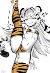  1girl animal_ear_fluff animal_ears animal_print bikini breasts cum cumdrip flying_sweatdrops green_eyes grin highres ju_fufu kunitoro_(artist) long_hair print_bikini print_thighhighs small_breasts smile solo split standing standing_on_one_leg standing_split swimsuit tail thighhighs tiger_ears tiger_print tiger_tail zenless_zone_zero 