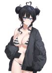  1girl ahoge aningay bikini black_hair black_jacket blue_eyes breasts cleavage commentary_request copyright_request cowboy_shot double_bun grin hair_bun heart heart_ahoge highres jacket korean_commentary large_breasts long_hair long_sleeves looking_at_viewer open_clothes open_jacket outline sleeves_past_fingers sleeves_past_wrists smile solo striped_bikini striped_clothes swimsuit transparent_background zipper 