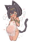  1girl animal_ear_fluff animal_ears big_belly black_hair blush brown_egyptian_cat-eared_loli_(trend) cat_ears cat_girl cat_tail commentary covered_nipples dark-skinned_female dark_skin green_eyes heart highres jewelry original pregnant sa_ka_(sakanoya) see-through_clothes short_hair simple_background solo tail white_background 