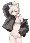  1girl ahoge animal_ear_fluff aningay arm_up black_jacket bra breasts closed_mouth commentary_request copyright_request expressionless green_eyes grey_bra grey_panties highres jacket korean_commentary medium_breasts navel off_shoulder open_clothes open_jacket outline panties ponytail short_ponytail solo stomach transparent_background underwear 