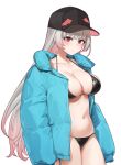  1girl aningay bikini black_bikini black_hat blue_jacket breasts cleavage closed_mouth commentary_request copyright_request hat highres jacket korean_commentary large_breasts long_hair looking_at_viewer multicolored_hair navel open_clothes open_jacket outline pink_hair pink_hat red_eyes solo stomach swimsuit transparent_background two-tone_hair two-tone_hat very_long_hair white_hair 