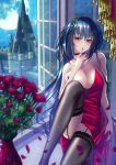  1girl azur_lane black_garter_straps black_hair breasts choker cleavage cocktail_dress collarbone commentary_request dress evening_gown feet_out_of_frame finger_to_mouth flower full_moon garter_straps hair_between_eyes highres indoors kura-r9-45 lace-trimmed_thighhighs lace_trim large_breasts long_hair looking_at_viewer moon nail_polish night official_alternate_costume petals red_choker red_dress red_eyes red_flower red_nails red_petals red_rose rose sitting sleeveless sleeveless_dress solo taihou_(azur_lane) taihou_(forbidden_fruit)_(azur_lane) thighhighs vase very_long_hair 