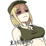  1girl bags_under_eyes blonde_hair brown_eyes collarbone crop_top frown green_tank_top limestone_(artist) marichka no_jacket non-web_source original partially_shaded_face russo-ukrainian_war short_hair solo sticker tank_top translation_request ukrainian_text 