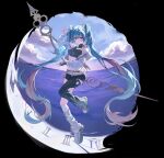  1girl asymmetrical_clothes black_gloves black_shorts breasts clock_hands commentary commentary_request dna double_helix fingerless_gloves gloves green_eyes green_hair hair_between_eyes hatsune_miku highres hourglass jacket leg_tattoo looking_at_viewer medium_breasts navel open_mouth pants project_01:_time-loop roman_numeral short_shorts shorts single_pantsleg siya_je solo tattoo thighs timeloop_miku torn_clothes torn_pants twintails untranslatable_commentary vocaloid white_jacket 