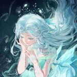  1girl beads black_background blue_wings bug butterfly butterfly_hair_ornament chinese_commentary choker circlet closed_eyes closed_mouth commentary_request dress eyeshadow facepaint fairy fairy_wings floating_hair forest_ripple_(infinity_nikki) fur_choker green_dress green_eyeshadow hair_beads hair_floating_upwards hair_ornament hand_on_own_cheek hand_on_own_face happy highres infinity_nikki jewelry liuying_(xhs_9418899286) long_hair low_wings makeup mini_wings nikki_(series) sleeveless sleeveless_dress smile solo upper_body very_long_hair wavy_hair white_choker white_hair wings 