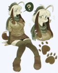  1girl animal_ear_piercing animal_ears antenna_hair arm_support beret black_eyes black_thighhighs blue_hat blue_scarf boots breasts brown_boots brown_skirt commentary dog_ears dog_girl dog_tail english_commentary freckles furry furry_female grey_shirt hat highres invisible_chair large_breasts looking_at_viewer multiple_views open_mouth original paw_print scarf shirt short_hair simple_background sitting skirt solo_focus tail thighhighs white_background white_fur white_hair wolfertinger666 