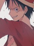  1boy black_hair chatubo commentary_request debris from_side hat highres looking_at_viewer male_focus monkey_d._luffy one_piece open_clothes open_shirt parted_lips profile red_shirt scar scar_on_cheek scar_on_chest scar_on_face shirt short_hair simple_background solo straw_hat upper_body 