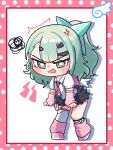  1girl anger_vein arm_warmers bandaid bandaid_hair_ornament black_skirt blush border eiul fang fur-trimmed_skirt fur_trim green_eyes green_hair hair_ornament hashtag-only_commentary heart heart_hair_ornament highres leaning_forward leg_warmers looking_at_viewer multiple_hair_clips multiple_thigh_straps necktie open_mouth pink_arm_warmers pink_bag pink_border pink_leg_warmers pink_shoes polka_dot_border ponytail red_necktie shirt shoes shout_lines simple_background skirt solo squiggle striped_arm_warmers striped_leg_warmers sunna_(zenless_zone_zero) thigh_strap v-shaped_eyebrows white_background white_shirt white_wings winged_bag wings zenless_zone_zero 